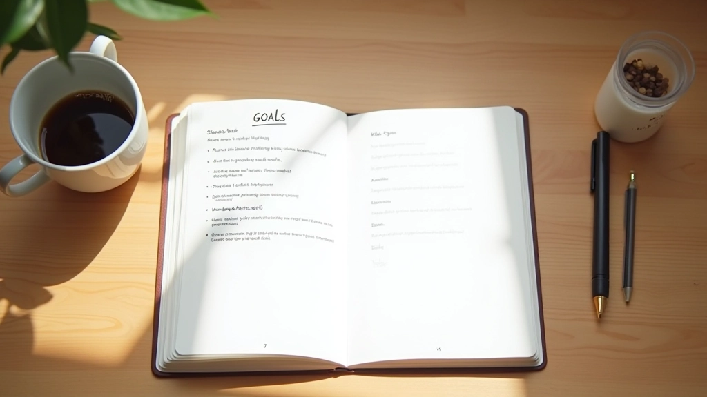 Open notebook with handwritten goals and action steps on a wooden desk with morning sunlight
