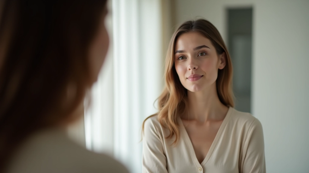 Person looking at their reflection in a mirror with a peaceful expression in a bright room