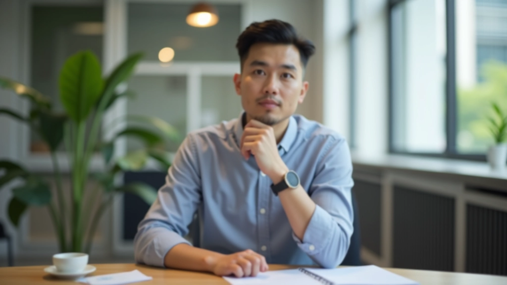Person sitting at a desk with thoughtful expression, hand on chin, natural office lighting, soft focus background