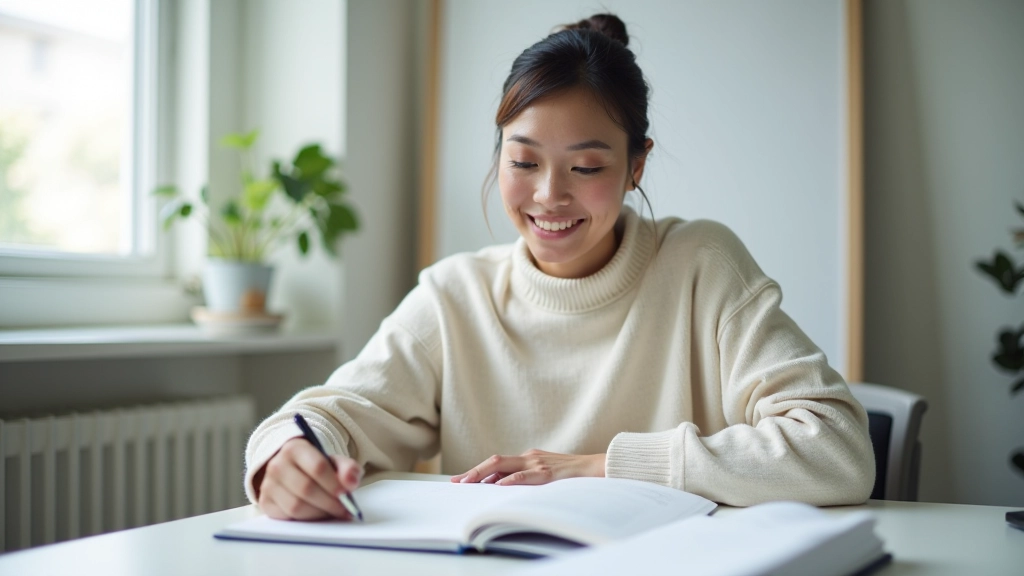 Person in professional setting looking at calendar or planner, confident expression, organized workspace