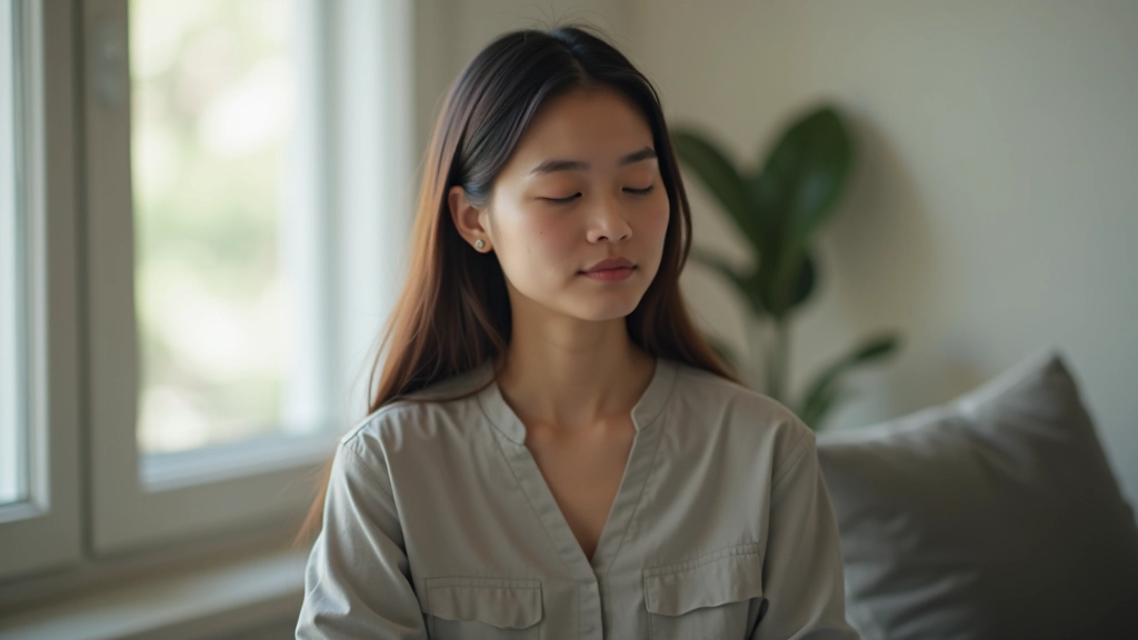 Person sitting peacefully with eyes closed in a calm, minimalist space with natural light