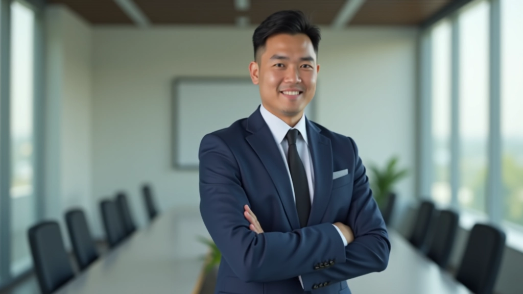 Person in professional attire standing with open posture in a bright meeting room