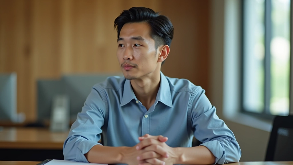 Person sitting at desk with thoughtful expression, upper body portrait with warm office lighting in background