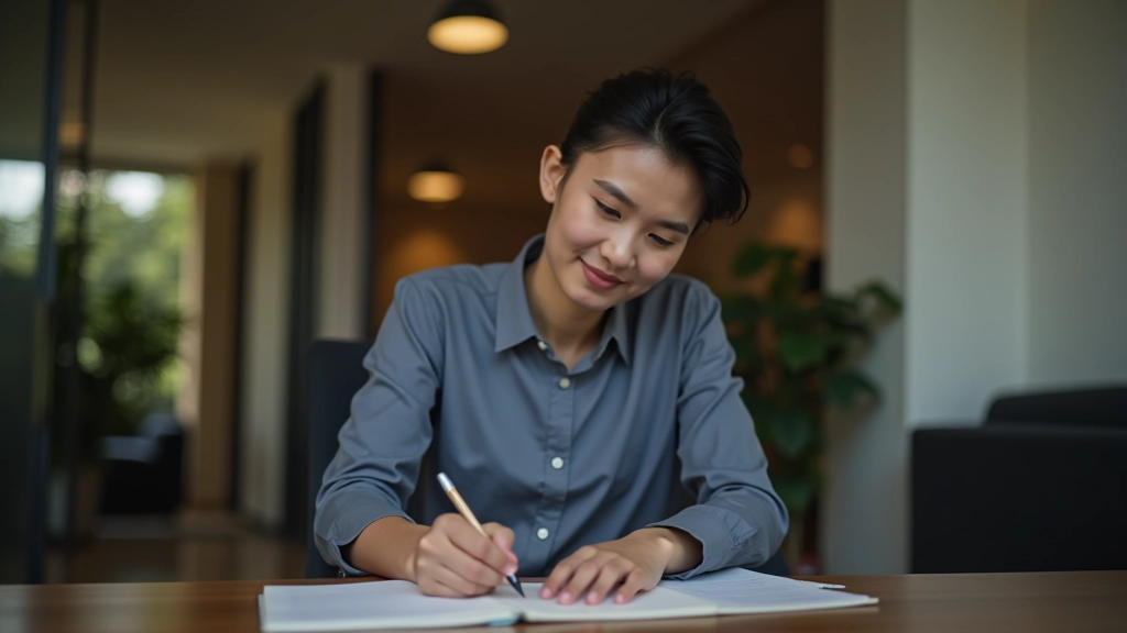 Person writing reflectively in journal with peaceful expression, warm desk lighting