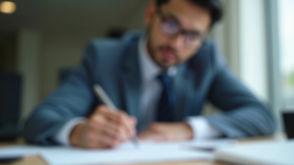Person writing in notebook while reviewing documents on desk with coffee cup nearby