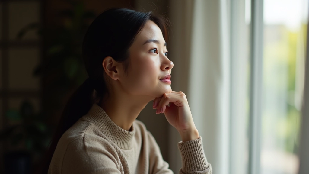 Person looking thoughtfully out a window with a contemplative but determined expression