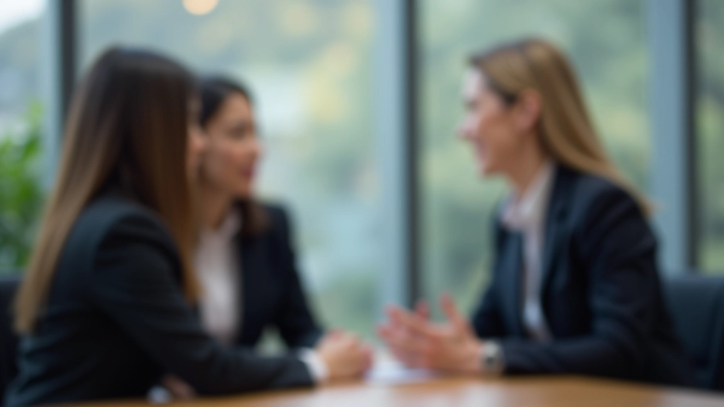 Two professionals in business attire having discussion across modern conference table