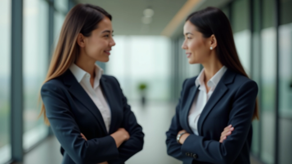 Two people in professional conversation, both appearing calm and respectful, office setting
