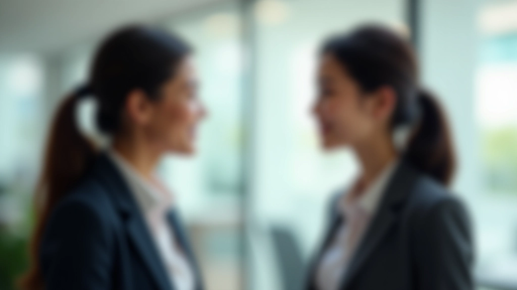Two people in conversation, one person making steady eye contact while speaking calmly, office setting with neutral background