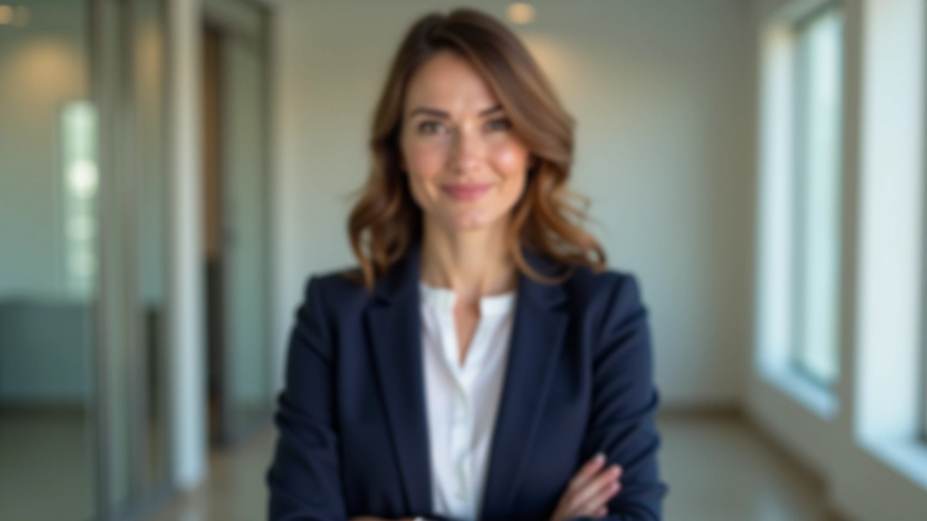 Woman with confident posture standing with arms relaxed at sides, professional attire, bright indoor lighting, clean modern background