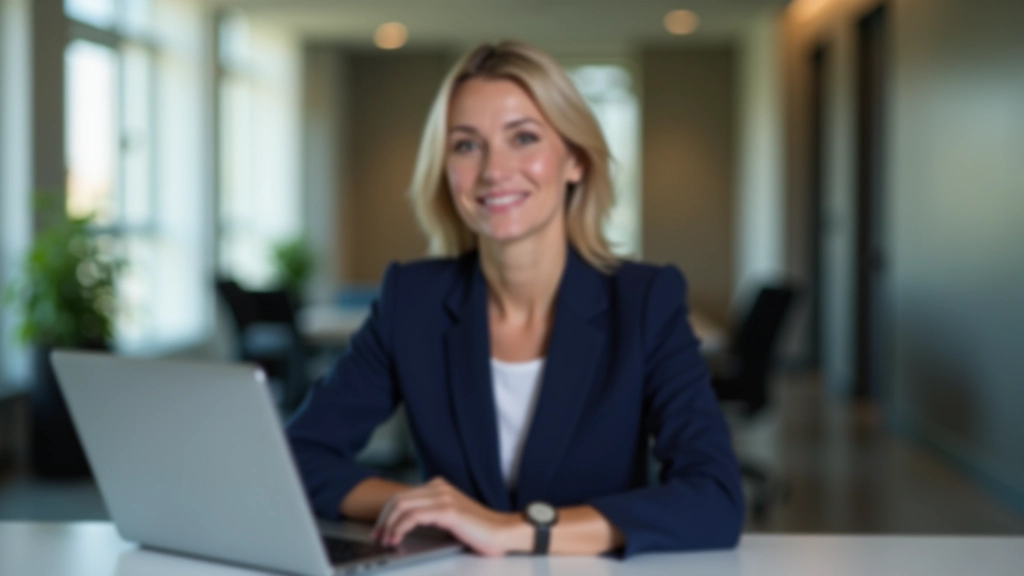 Professional woman in business attire sitting confidently at a modern office desk with laptop and notebook